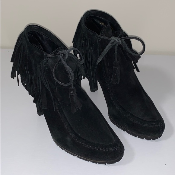 GUCCI Suede Ankle Boot | Heeled Moccasins With Fringe and Tassel Ties - Picture 8 of 14